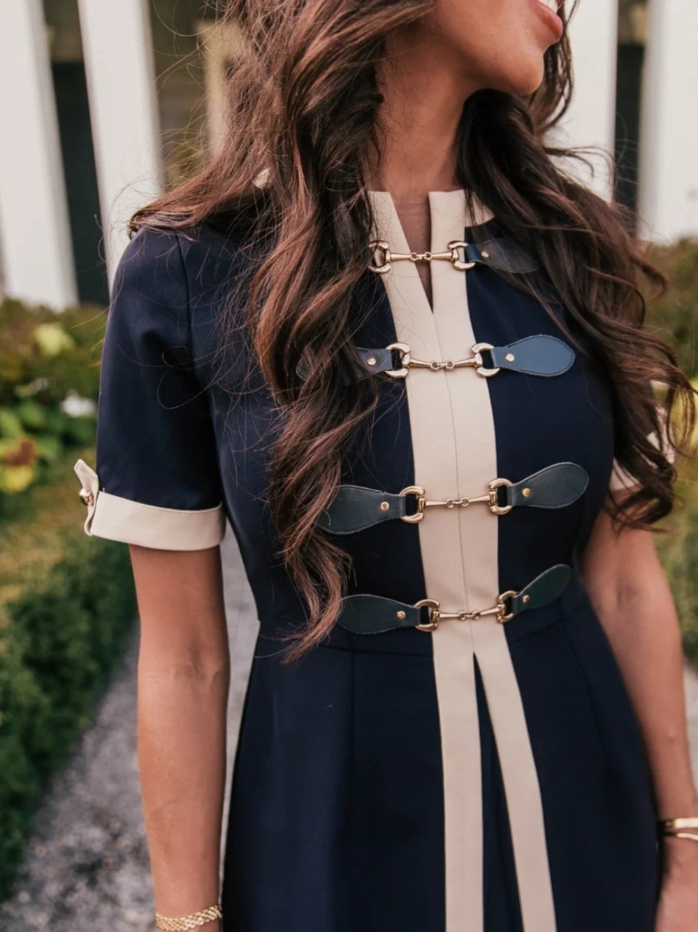 JessaKae Navy Midi Dress with Cream Trim and Decorative Clasps - Picture 2 of 5